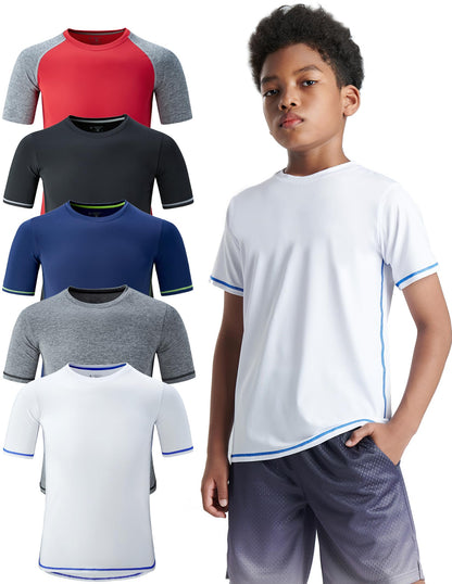5 Pack Boys Athletic Shirts, Youth Activewear Dry Fit Tshirts for Kids, Short Sleeve Tees, Bulk Athletic Performance Clothing