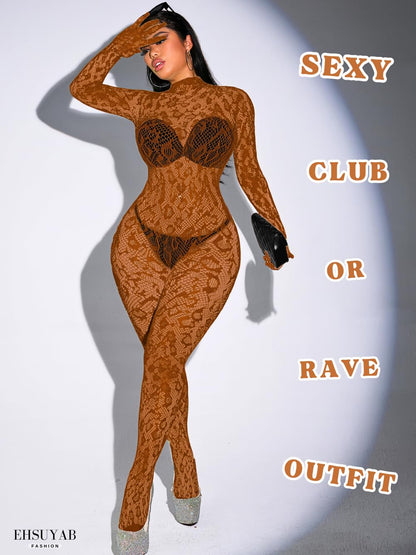 Sexy Lace Leopard Jumpsuit For Women, Fishnet Bodysuit Glow Party Club, Poster One Piece Mesh Full Body Rave Outfits