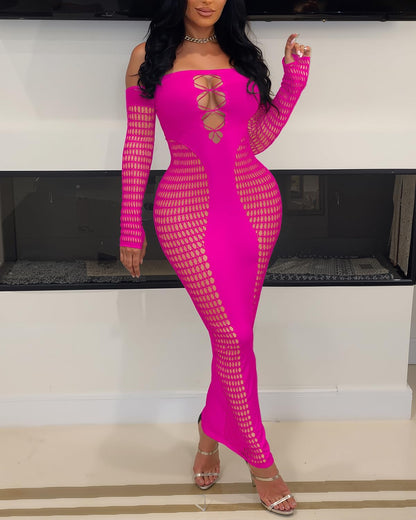 Women's Dress Sexy Club Dress Elegant Long Sleeve Off Shoulder Hollow Out Mesh Bodycon Party Dresses