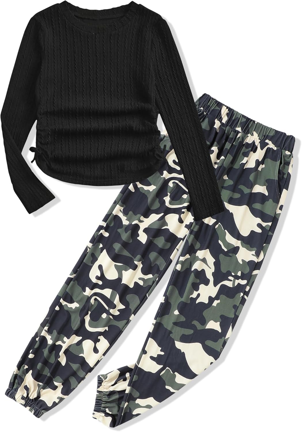 Girls' Clothing Sets Ribbed Knit Crewneck T-Shirt & Camo Print Elastic Waist Pants Girls Clothes Size 6-16Y
