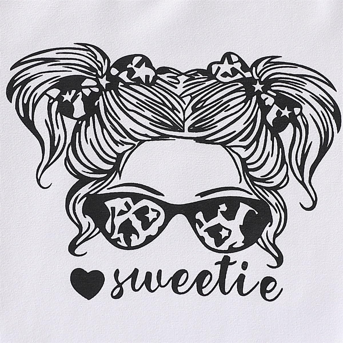 Toddler Girl Clothes Long Sleeve Cartoon & Letter Graphic Top + Fruit Stationery Print Flared Leg Pants