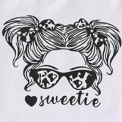 Toddler Girl Clothes Long Sleeve Cartoon & Letter Graphic Top + Fruit Stationery Print Flared Leg Pants