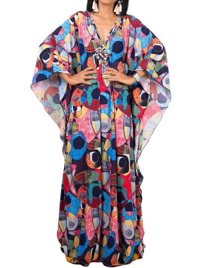Bsubseach Women Ethnic Print Kaftan Beach Dress Plus Size Swimsuit Cover Up