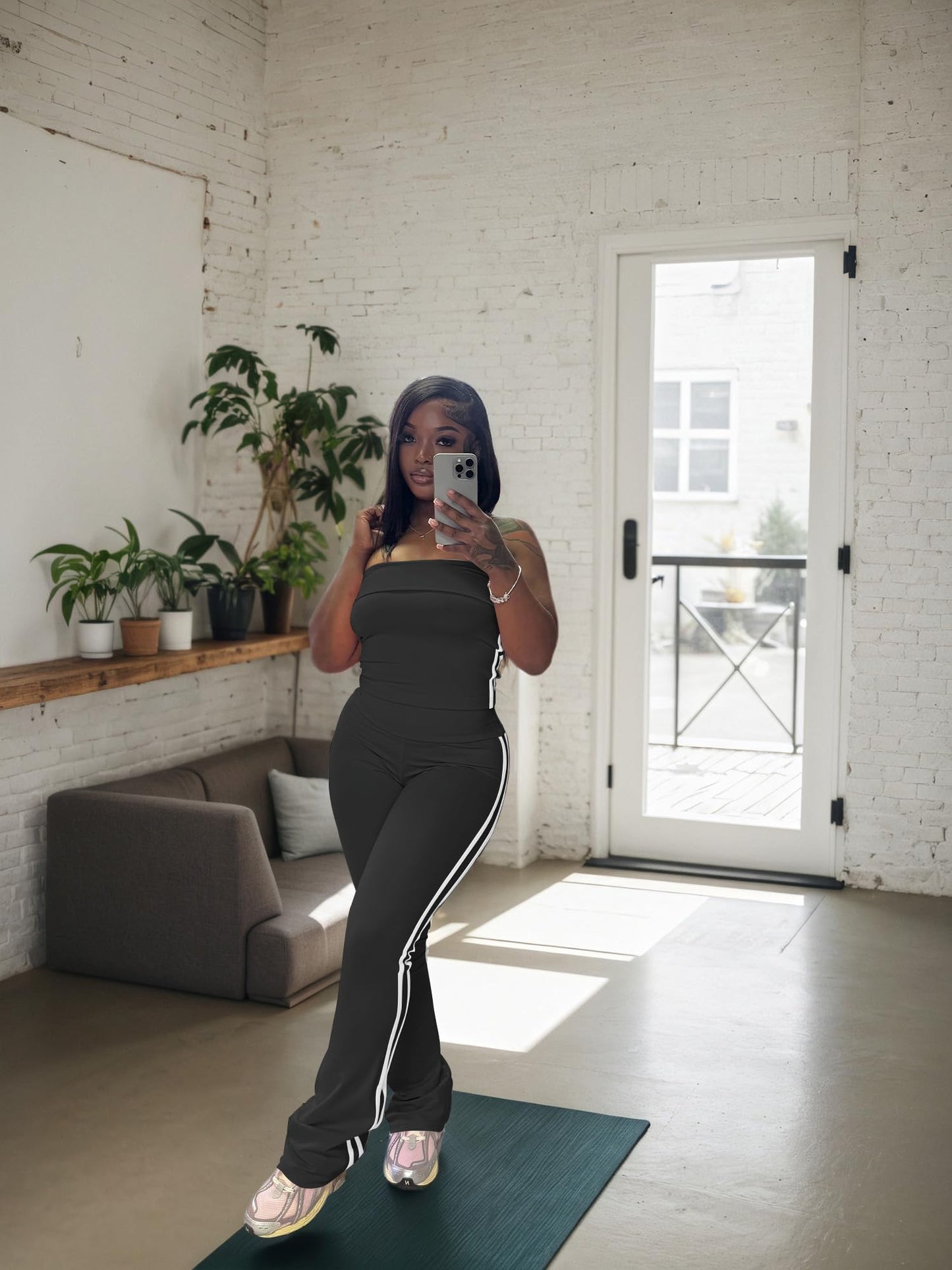 HBQ Women Two Piece Outfits Strapless Crop Top and Flare Pants Casual Stripe Lounge Sets Tracksuits