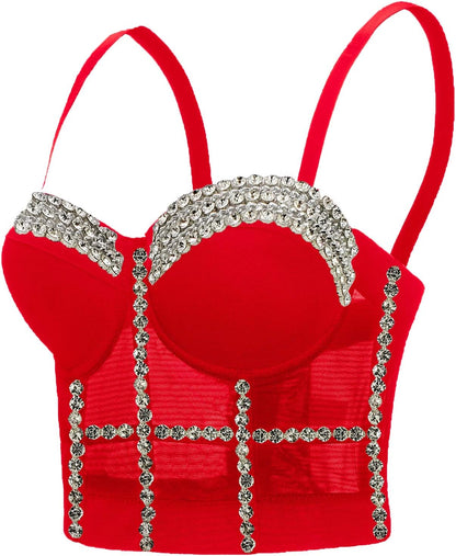 Women's Handmade Rhinestone Diamond Push up Bustier Crop Top Punk Corset Bra Vest