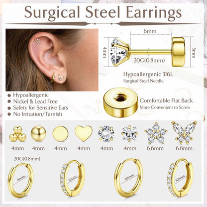 Jstyle Hypoallergenic Surgical Steel Earrings for Sensitive Ears 14K Gold Flat Back Earrings for Women Men Small Stainless Steel Earrings Flatback Stud Hoop Cartilage Earring Set for Multiple Piercing