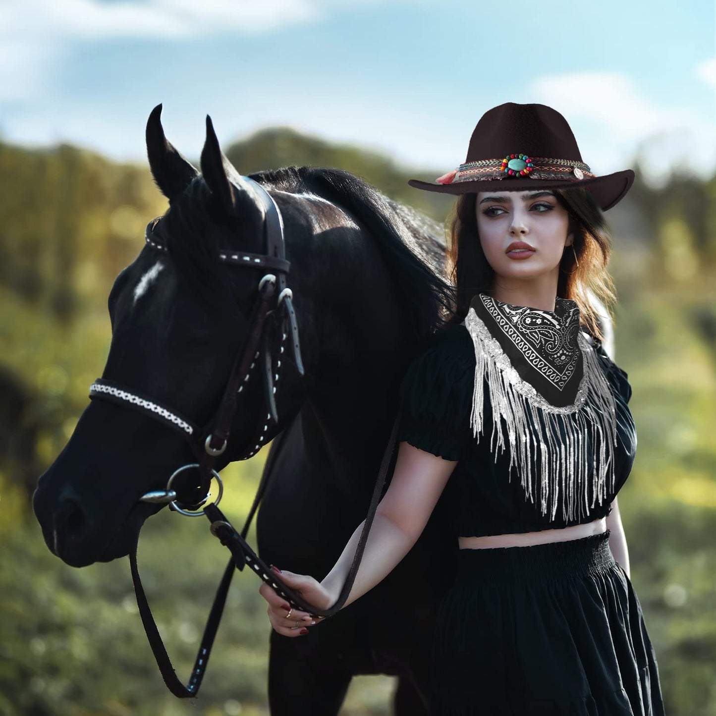 Ibeauti Cowboy Hat with Fringed Bandana Set for Women Wide Brim Western Cowgirl Hat Paisley Head Wrap Scarf