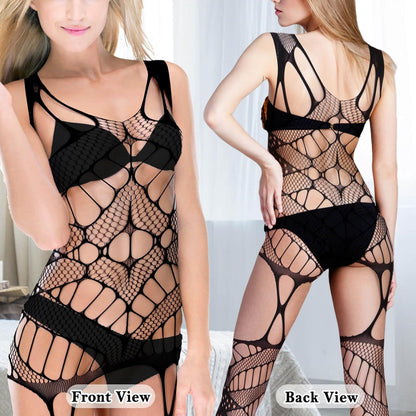 selizo Fishnet Lingerie Dress for Women, Black Fish Net Bodysuit Sexy Chemise Teddy Naughty Women's Mesh Lace Body Stockings