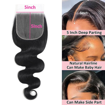 12A Human Hair Bundles with Closure Body Wave Bundles 20 22 24+18 Inch 5X5 HD Lace Closure Human Hair 100% Brazilian Virgin Hair Extensions 3 Bundles Deals Hair Quick Weave Bundle for Women