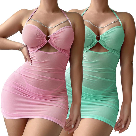 Sexy Chain Sheer Mesh Ruched Bodycon Mini Lingerie Dress with Thong 2 Piece Set Outfits
