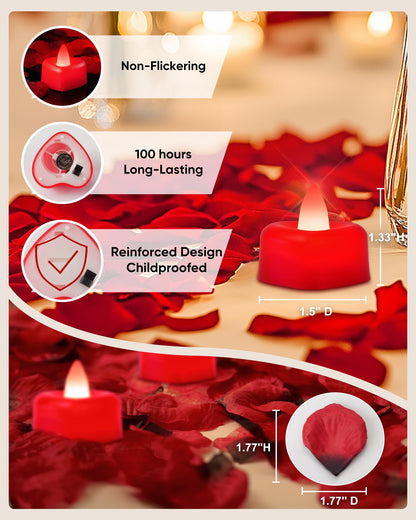 Amagic 1000 Pieces Artificial Rose Petals with 12 Heart LED Tea Lights Candles Kit, Rose Petals and Candles Set for Proposal, Anniversary, Valentine's Day, Special Romantic Night, Wedding Table Decor