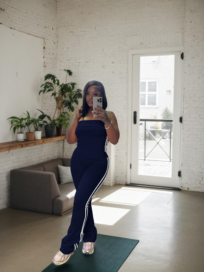 HBQ Women Two Piece Outfits Strapless Crop Top and Flare Pants Casual Stripe Lounge Sets Tracksuits