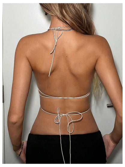 SweatyRocks Women's Glitter Rhinestone Criss Cross Halter Tops Backless Sleeveless Asymmetrical Party Crop Tops