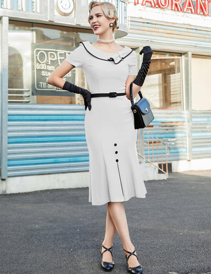 MUXXN Women's Retro 60s Sailor Collar Short Sleeve Pinup Cocktail Work Mermaid Dress with Belt