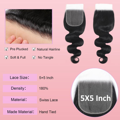 12A Human Hair Bundles with Closure Body Wave Bundles 20 22 24+18 Inch 5X5 HD Lace Closure Human Hair 100% Brazilian Virgin Hair Extensions 3 Bundles Deals Hair Quick Weave Bundle for Women