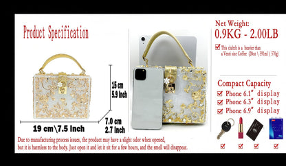 Boutique De FGG Acrylic & Flower Designer Shoulder Bags for Women Crossbody Bag Rhinestones Box Tote Evening Handbags,Small