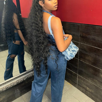 Denim 2 Piece Outfit for Women Sleeveless Cropped Tank Top Bodycon Pants Set Sexy Jean Hollow Out Party Club Tracksuit