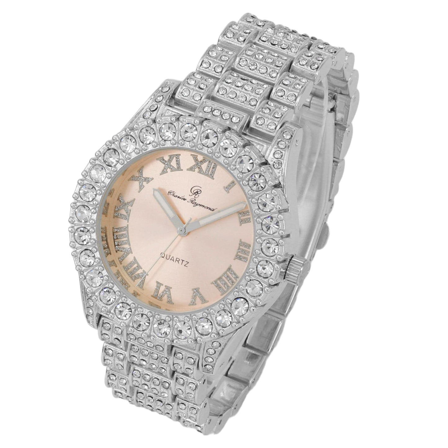 Charles Raymond Women's Big Rocks Bezel Colored Dial with Roman Numerals Fully Iced Out Watch - ST10327LA