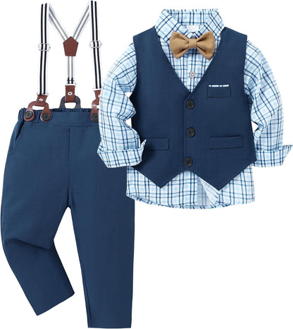 ZOEREA Toddler Boy Suit Formal Wedding Outfits Gentleman Clothes Long Sleeve Shirt + Suspender Pants + Bowtie