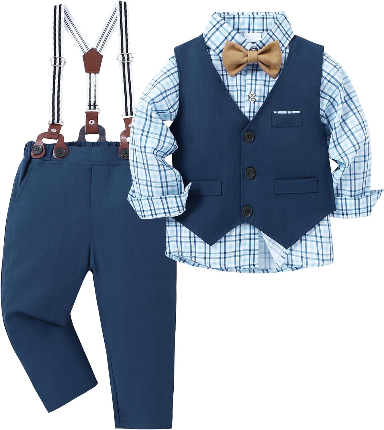 ZOEREA Toddler Boy Suit Formal Wedding Outfits Gentleman Clothes Long Sleeve Shirt + Suspender Pants + Bowtie