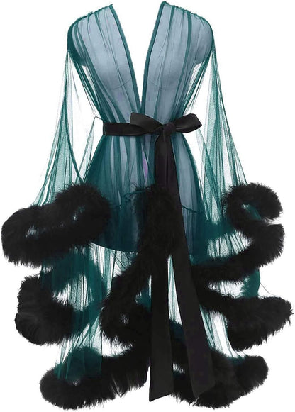 Tulle Feather Robe Sexy Sheer Mesh Fur Bridal Illusion Boudoir Bathrobe Nightgown Christmas Lingerie