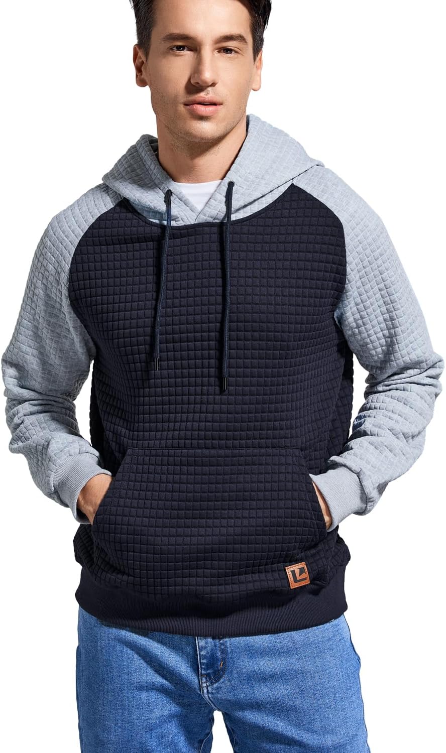Men’s Sweatshirts Long Sleeve Pullover Patchwork Plaid Jacquard Hoodie Casual Drawstring Hoody Top