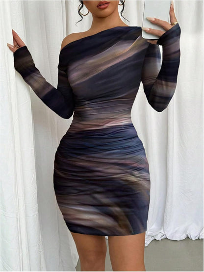 Women's Off Shoulder Ombre Tie Dye Bodycon Dress Long Sleeve Slim Fit Pencil Mini Dresses