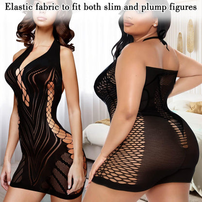 selizo Fishnet Lingerie Dress for Women, Black Fish Net Bodysuit Sexy Chemise Teddy Naughty Women's Mesh Lace Body Stockings