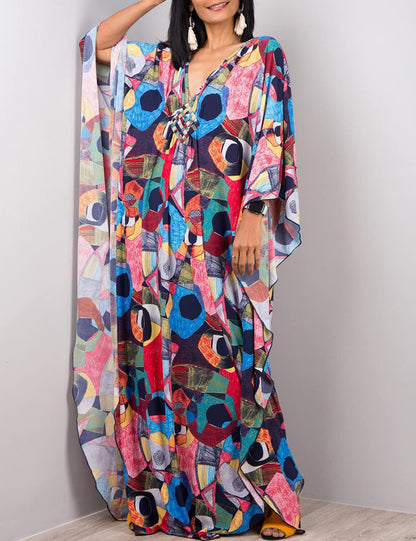 Bsubseach Women Ethnic Print Kaftan Beach Dress Plus Size Swimsuit Cover Up