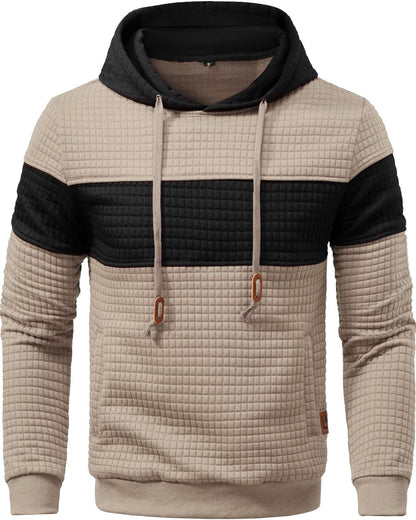 Men’s Sweatshirts Long Sleeve Pullover Patchwork Plaid Jacquard Hoodie Casual Drawstring Hoody Top