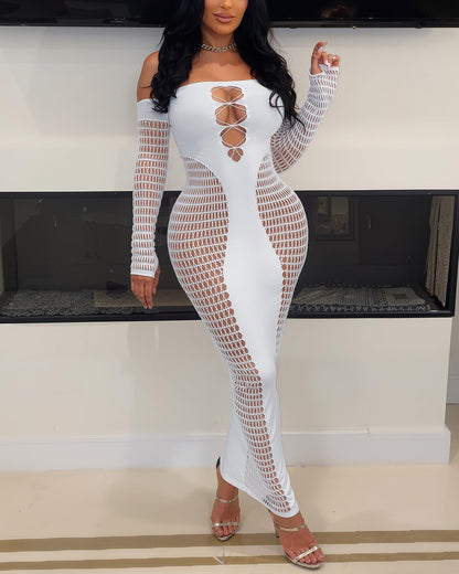 Women's Dress Sexy Club Dress Elegant Long Sleeve Off Shoulder Hollow Out Mesh Bodycon Party Dresses