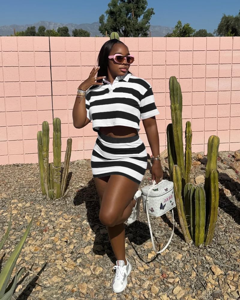 HBQ Women's Casual Two Piece Skirt Sets Polo Collar Crop Top Striped Mini Dress Summer Vacation-Stripe