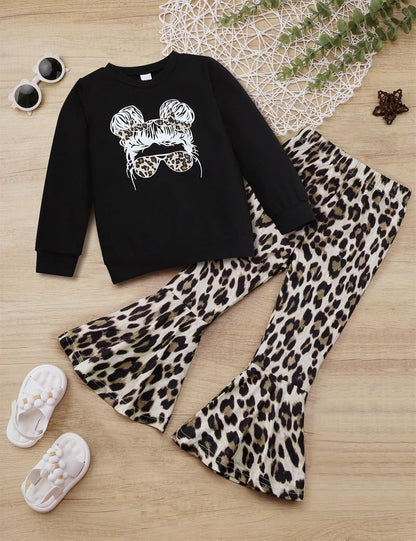 Toddler Girl Clothes Long Sleeve Cartoon & Letter Graphic Top + Fruit Stationery Print Flared Leg Pants