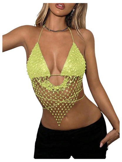 SweatyRocks Women's Glitter Rhinestone Criss Cross Halter Tops Backless Sleeveless Asymmetrical Party Crop Tops