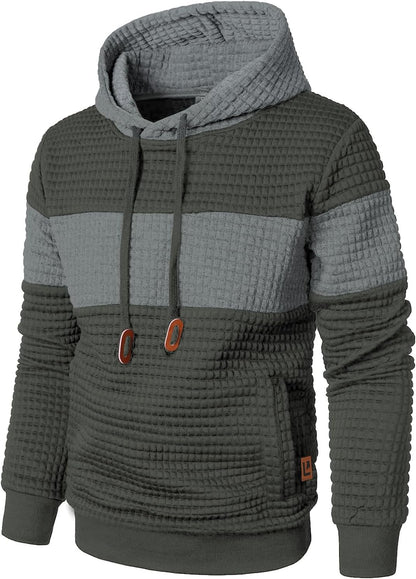 Men’s Sweatshirts Long Sleeve Pullover Patchwork Plaid Jacquard Hoodie Casual Drawstring Hoody Top