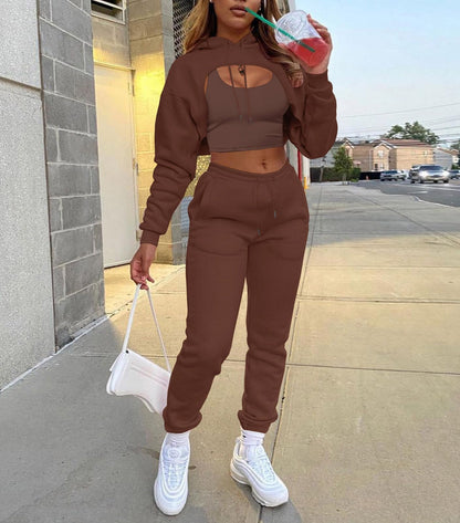Adogirl Women 3 Piece Outfits Tracksuits Set Sexy Long Sleeve Pullover Hoodie Tank Crop Tops Jogger Sweatpants Sweatsuits