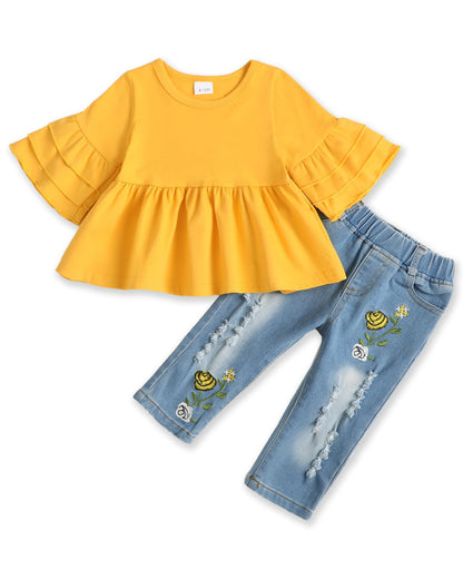 NZRVAWS Baby Girl Clothes Toddler Girl Outfits Infant Ruffle Shirt Denim Ripped Jeans Cute Clothing Set