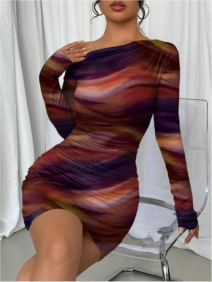 Women's Off Shoulder Ombre Tie Dye Bodycon Dress Long Sleeve Slim Fit Pencil Mini Dresses