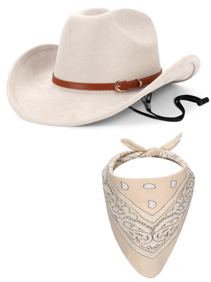 Ibeauti Cowboy Hat with Fringed Bandana Set for Women Wide Brim Western Cowgirl Hat Paisley Head Wrap Scarf