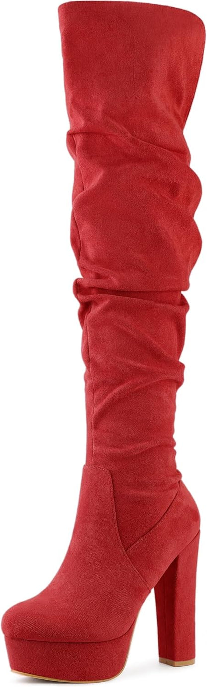 Allegra K Women's Platform Round Toe Zipper Slouch Heel Over the Knee Thigh High Boots