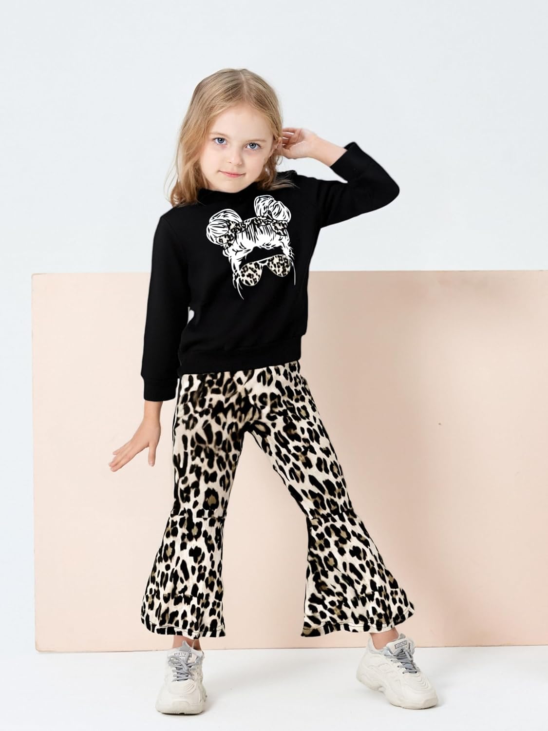 Toddler Girl Clothes Long Sleeve Cartoon & Letter Graphic Top + Fruit Stationery Print Flared Leg Pants