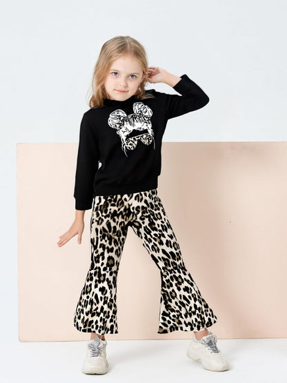 Toddler Girl Clothes Long Sleeve Cartoon & Letter Graphic Top + Fruit Stationery Print Flared Leg Pants