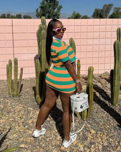 HBQ Women's Casual Two Piece Skirt Sets Polo Collar Crop Top Striped Mini Dress Summer Vacation-Stripe