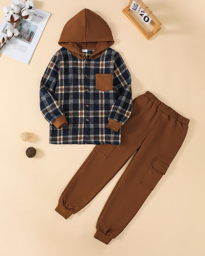 Boys Clothes Fall Winter Outfits, Toddler Boy Sweatsuit Plaid Hoodie Pants Clothing Set For Kids Boys Size 5-12 Years