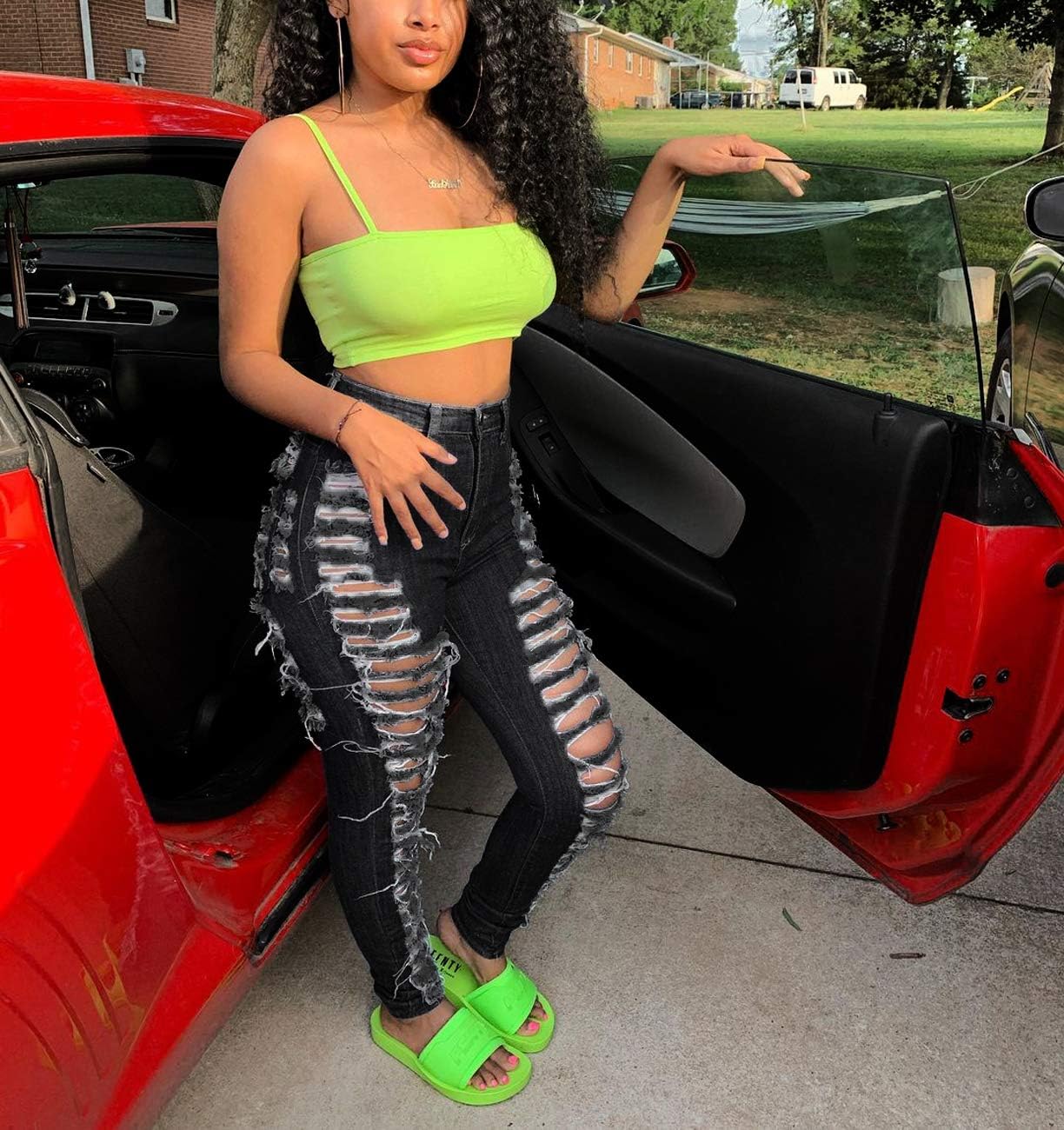 Women's Skinny Ripped Jeans Stretch Destroyed Mid High Waist Denim Pants