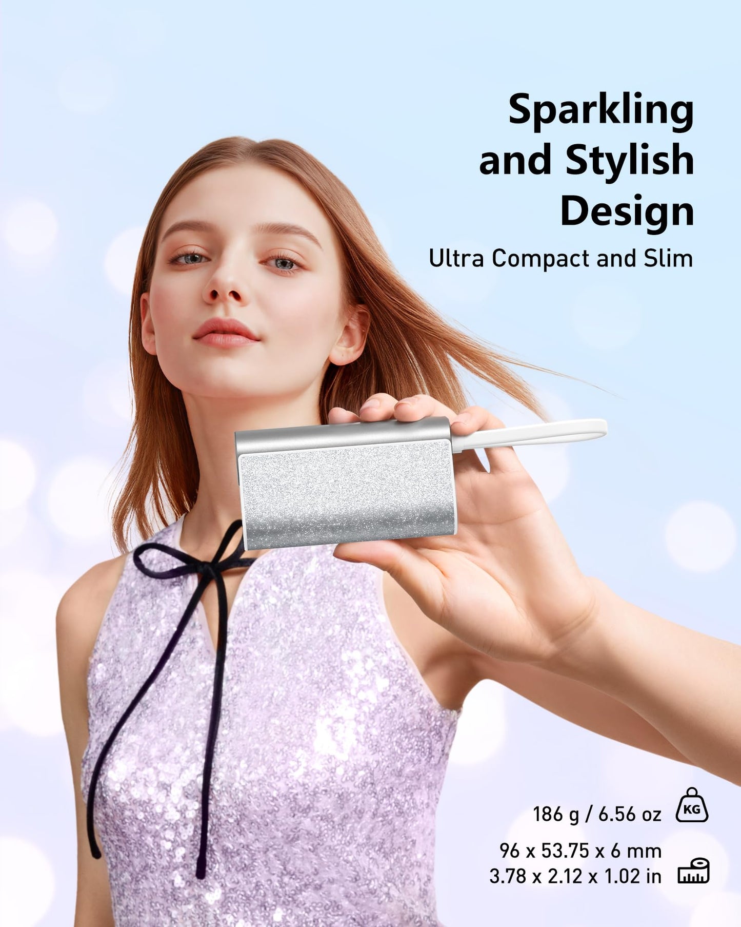 VEGER Compact Portable Charger with Built in Cable(Removable), 10000mAh Cute Power Bank 20W Fast Charging, Sparkling Battery Pack Fashion Travel Accessory Compatible with iPhone 15/14, Android-Purple