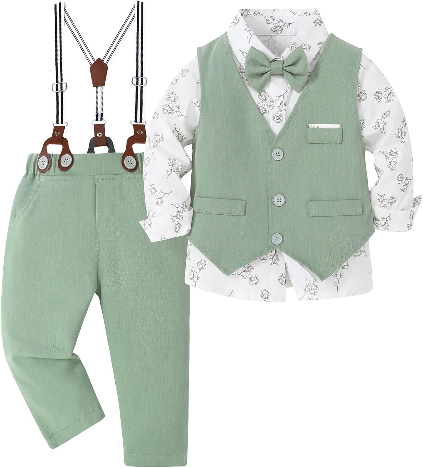 ZOEREA Toddler Boy Suit Formal Wedding Outfits Gentleman Clothes Long Sleeve Shirt + Suspender Pants + Bowtie