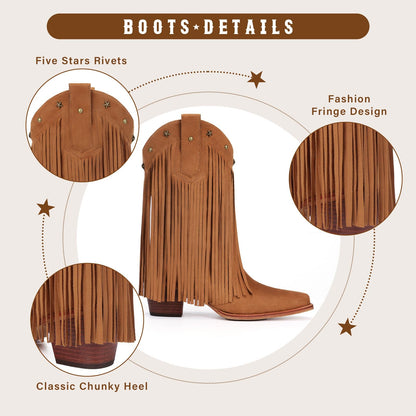 Fringe Cowboy Boots for Women – Mid Calf Cowgirl Boots with Star Studded, Pointed Toe and Chunky Heel, Perfect for Country Music Festivals