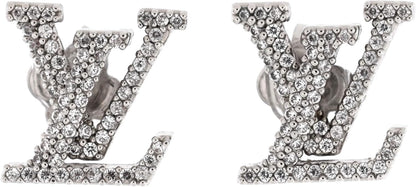 Pre-Loved LV Iconic Stud Earrings Metal with Crystals, Silver