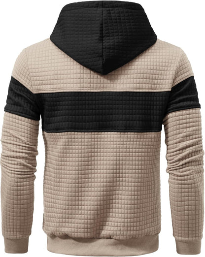 Men’s Sweatshirts Long Sleeve Pullover Patchwork Plaid Jacquard Hoodie Casual Drawstring Hoody Top